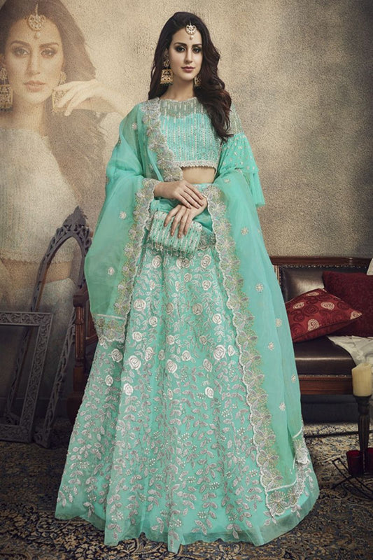 Stylish turquoise blue organza and net Lehenga Set