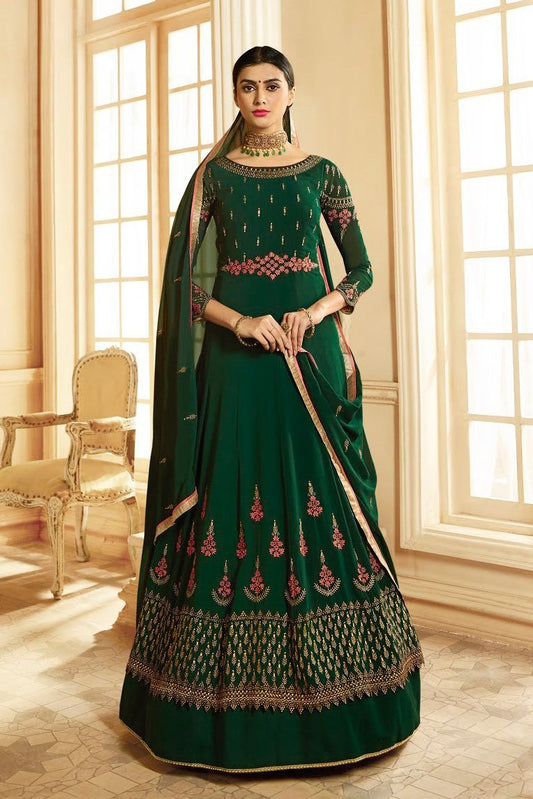 Dark Green Ethnic Multi Embroidered Anarkali Suit