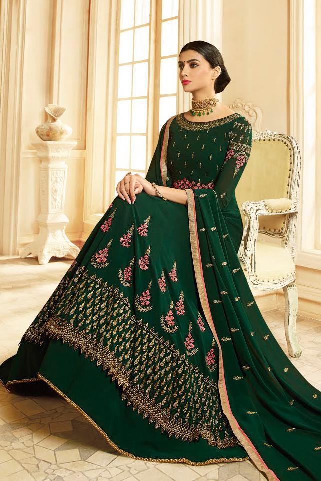 Dark Green Ethnic Multi Embroidered Anarkali Suit