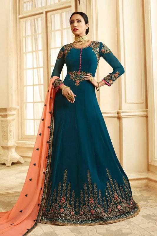 Turquoise And Orange Ethnic Multi Embroidered Anarkali Suit