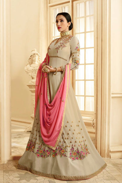 Beige And Pink Ethnic Multi Embroidered Anarkali Suit
