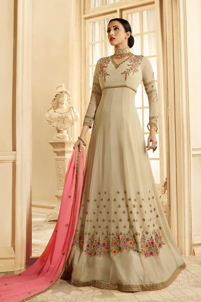 Beige And Pink Ethnic Multi Embroidered Anarkali Suit