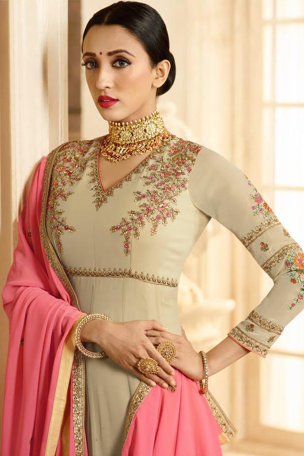 Beige And Pink Ethnic Multi Embroidered Anarkali Suit