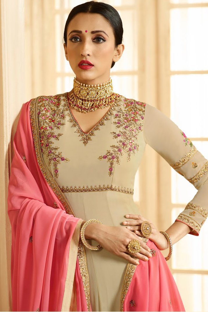 Beige And Pink Ethnic Multi Embroidered Anarkali Suit