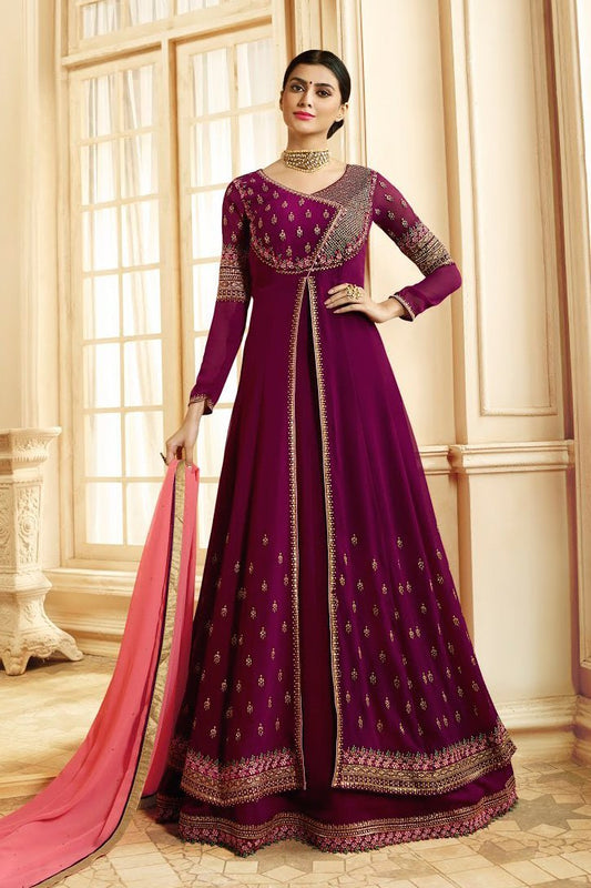 Plum And Pink Ethnic Slit Style Embroidered Anarkali Suit