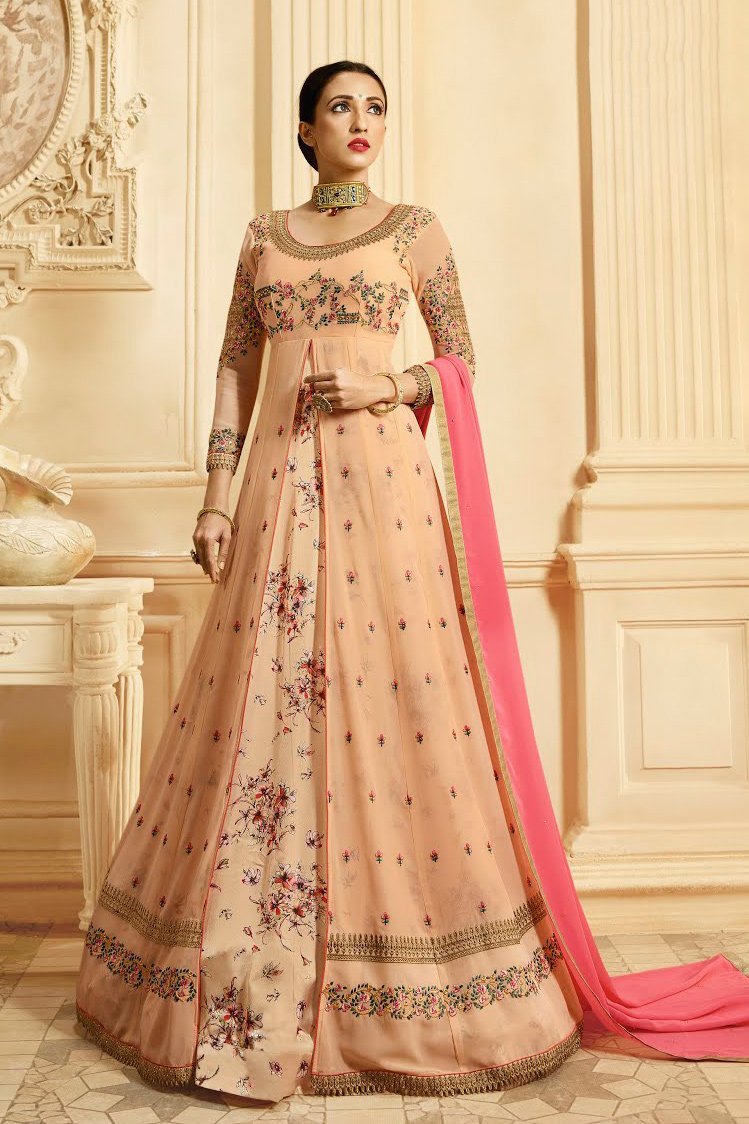 Peach And Pink Printed Slit Style Embroidered Anarkali Suit