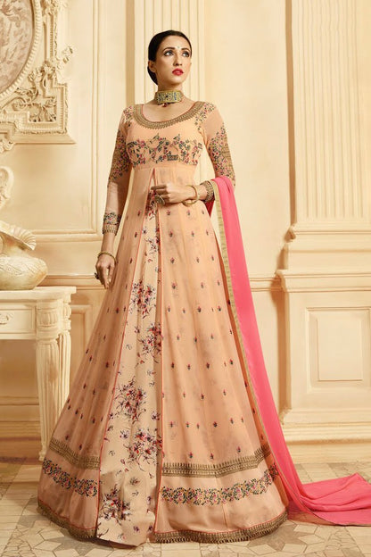 Peach And Pink Printed Slit Style Embroidered Anarkali Suit