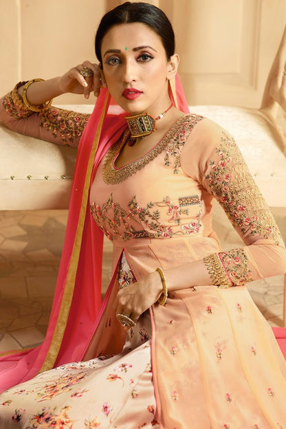 Peach And Pink Printed Slit Style Embroidered Anarkali Suit