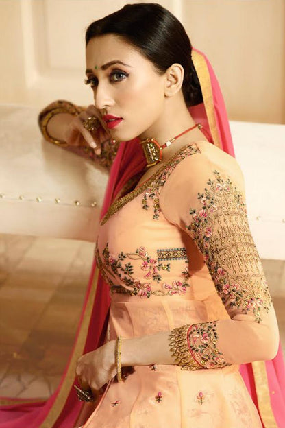 Peach And Pink Printed Slit Style Embroidered Anarkali Suit