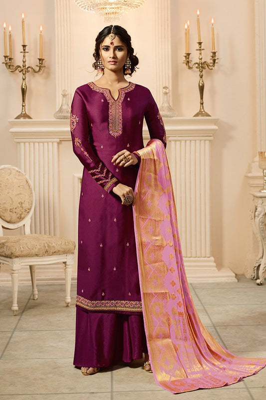 Wine and Light Purple Satin Georgette Suit with Palazzo