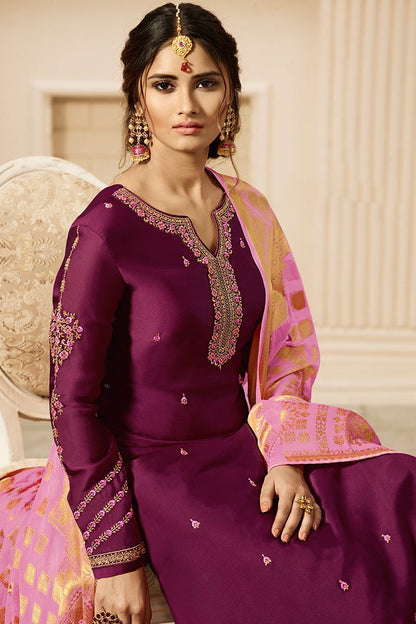 Wine and Light Purple Satin Georgette Suit with Palazzo