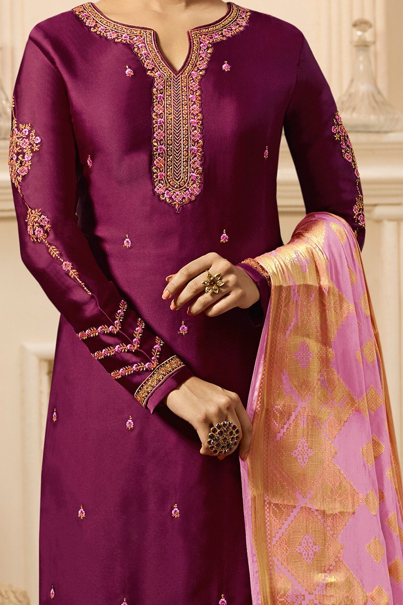 Wine and Light Purple Satin Georgette Suit with Palazzo