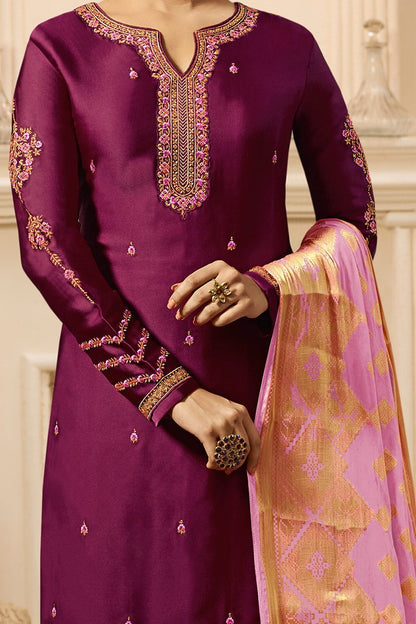 Wine and Light Purple Satin Georgette Suit with Palazzo