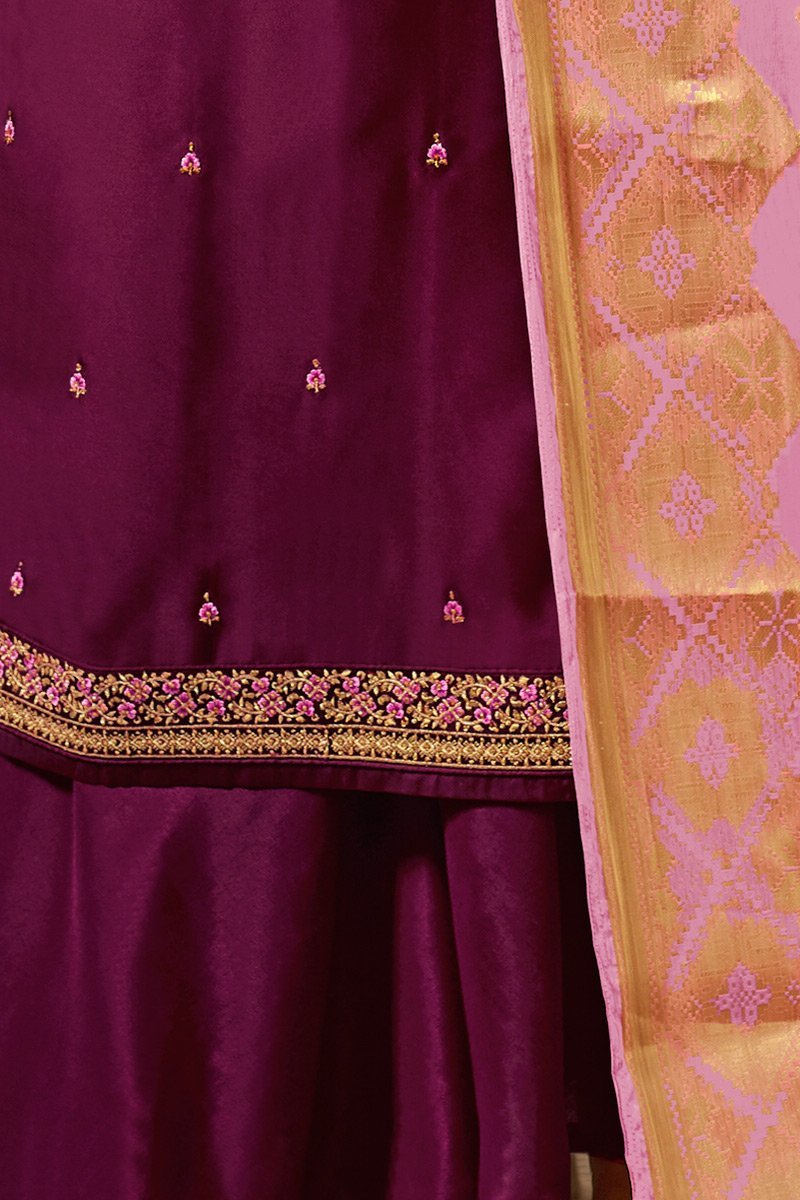 Wine and Light Purple Satin Georgette Suit with Palazzo