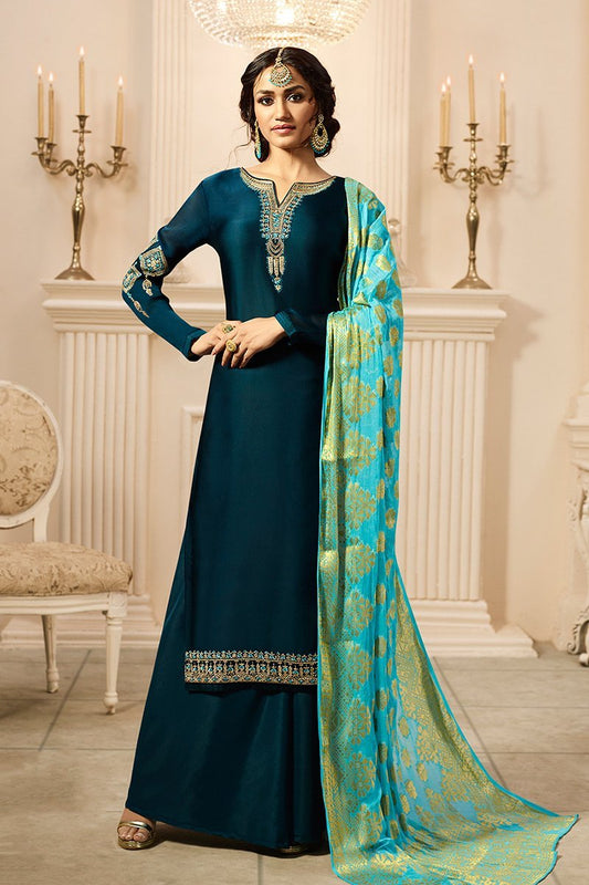 Peacock Blue and Sky Blue Satin Georgette Suit with Palazzo