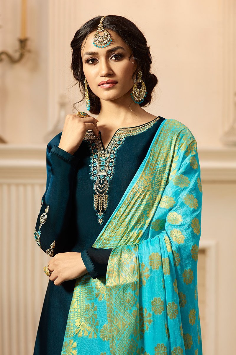 Peacock Blue and Sky Blue Satin Georgette Suit with Palazzo