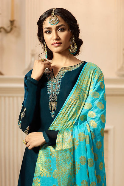 Peacock Blue and Sky Blue Satin Georgette Suit with Palazzo