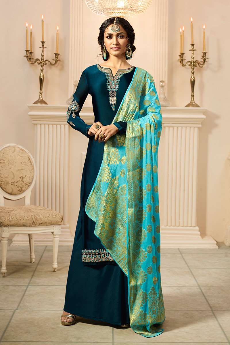 Peacock Blue and Sky Blue Satin Georgette Suit with Palazzo