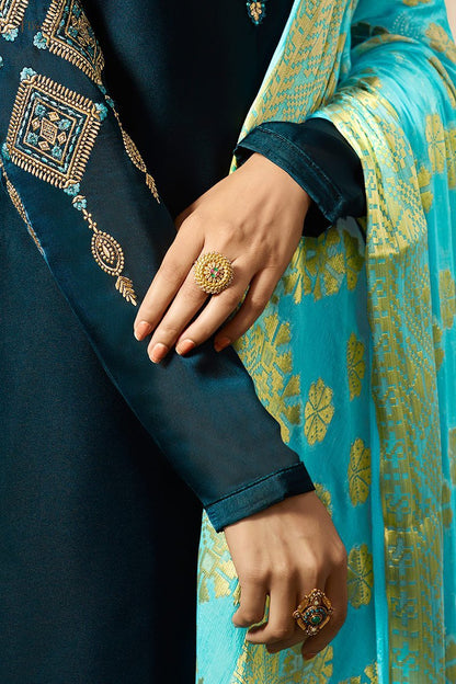 Peacock Blue and Sky Blue Satin Georgette Suit with Palazzo