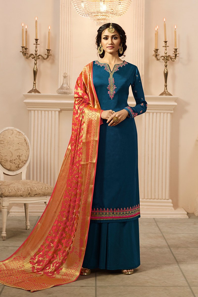 Midnight-Blue and Red Satin Georgette Suit with Palazzo