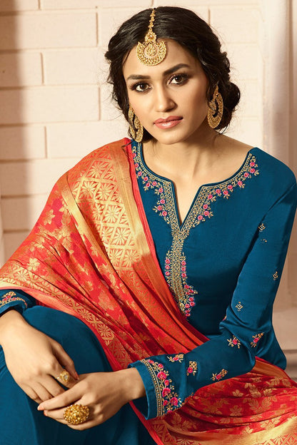 Midnight-Blue and Red Satin Georgette Suit with Palazzo