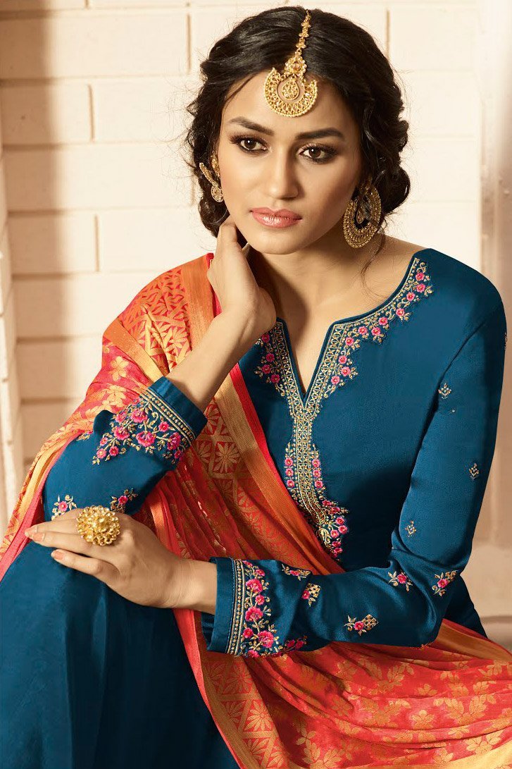 Midnight-Blue and Red Satin Georgette Suit with Palazzo