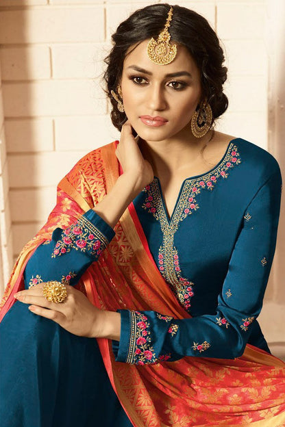 Midnight-Blue and Red Satin Georgette Suit with Palazzo