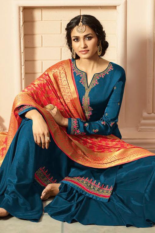 Midnight-Blue and Red Satin Georgette Suit with Palazzo
