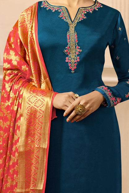 Midnight-Blue and Red Satin Georgette Suit with Palazzo