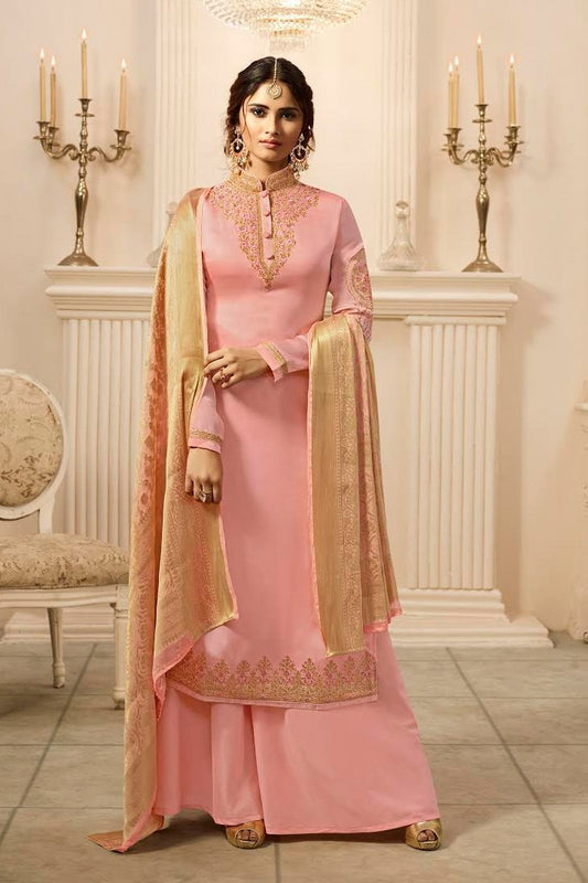 Pink Satin Georgette Suit with Palazzo