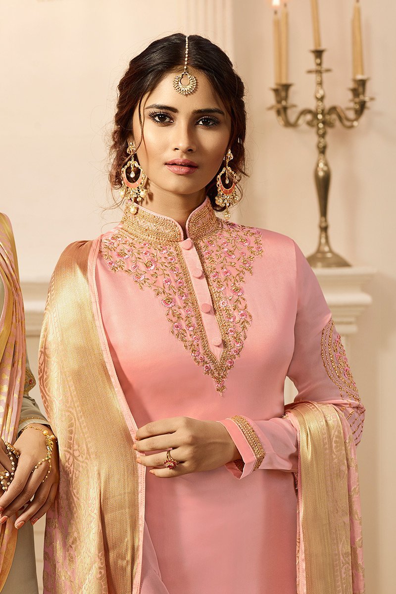 Pink Satin Georgette Suit with Palazzo