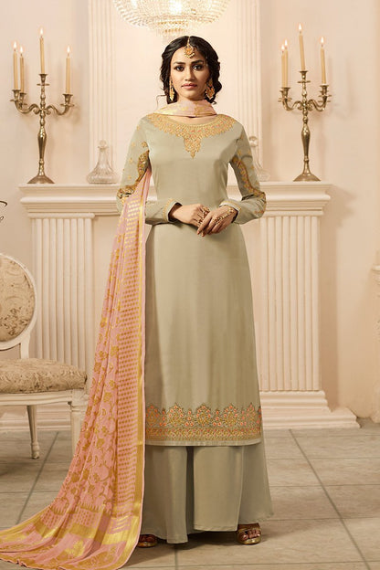 Light Mehandi and Pink Satin Georgette Suit with Palazzo