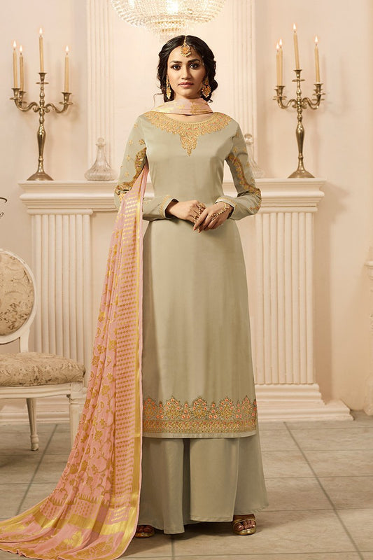 Light Mehandi and Pink Satin Georgette Suit with Palazzo