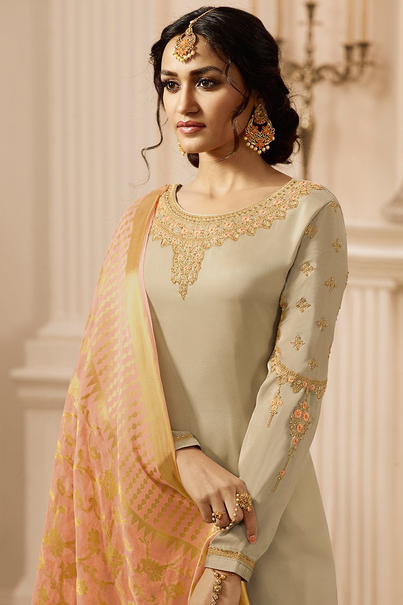 Light Mehandi and Pink Satin Georgette Suit with Palazzo