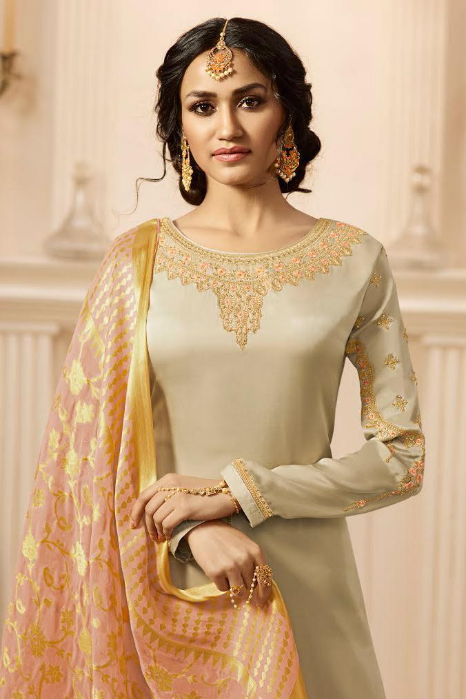 Light Mehandi and Pink Satin Georgette Suit with Palazzo