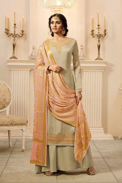 Light Mehandi and Pink Satin Georgette Suit with Palazzo