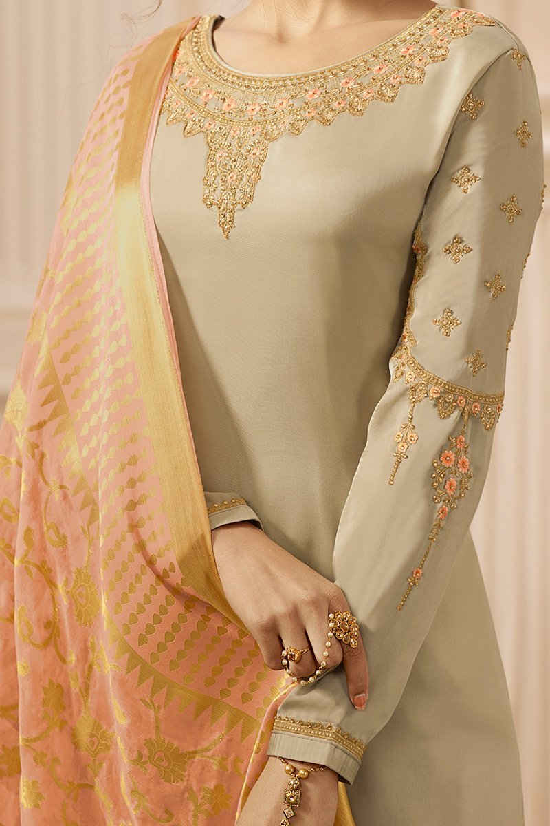 Light Mehandi and Pink Satin Georgette Suit with Palazzo