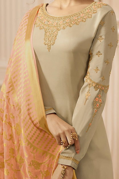 Light Mehandi and Pink Satin Georgette Suit with Palazzo