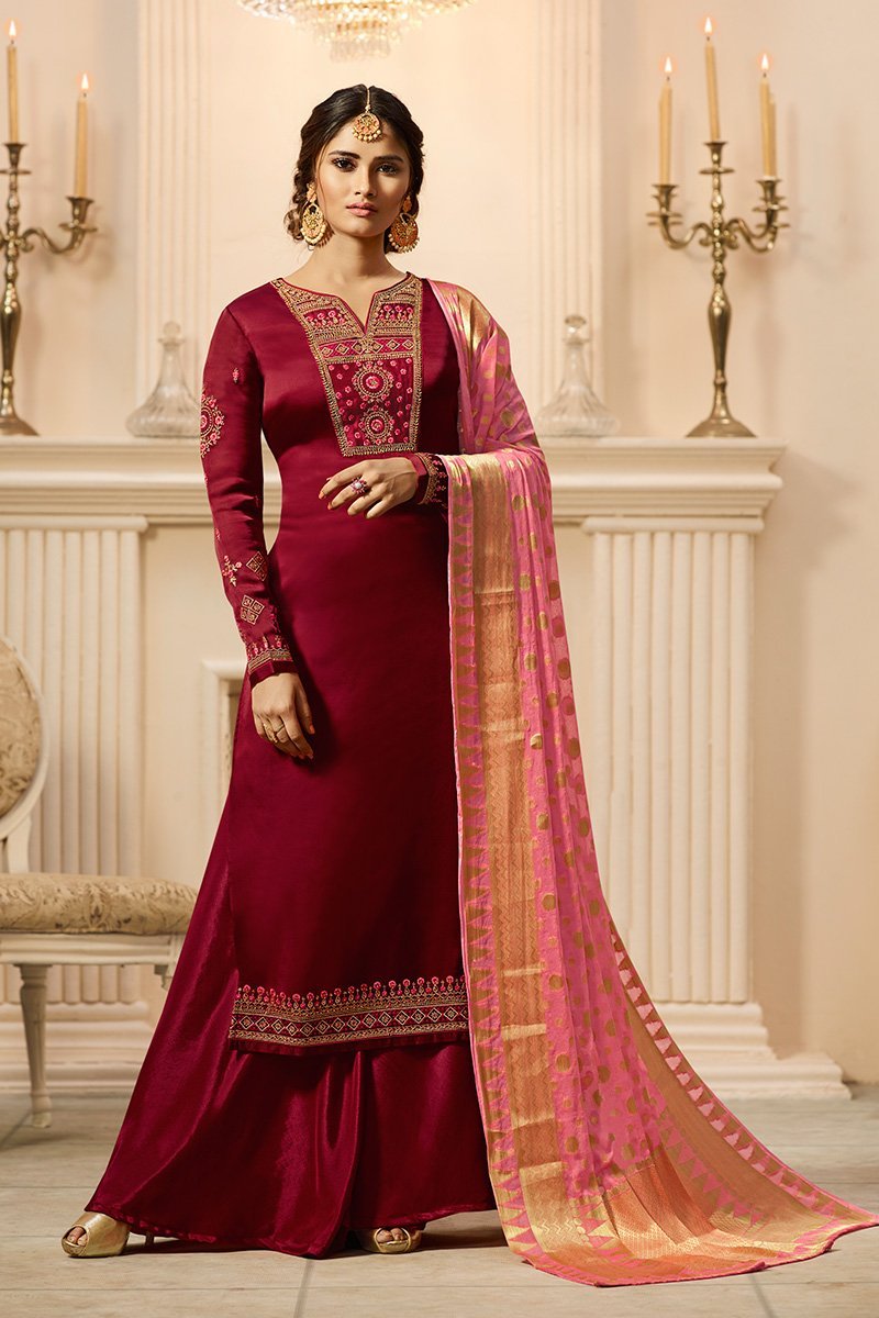 Maroon and Pink Satin Georgette Suit with Palazzo