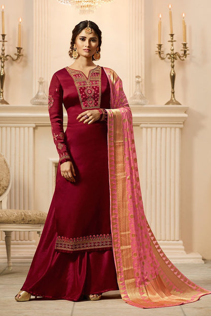 Maroon and Pink Satin Georgette Suit with Palazzo