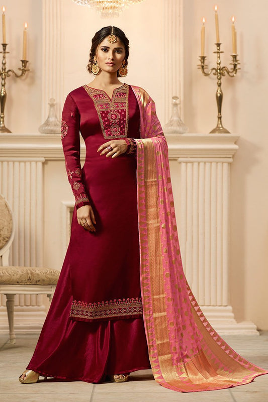 Maroon and Pink Satin Georgette Suit with Palazzo