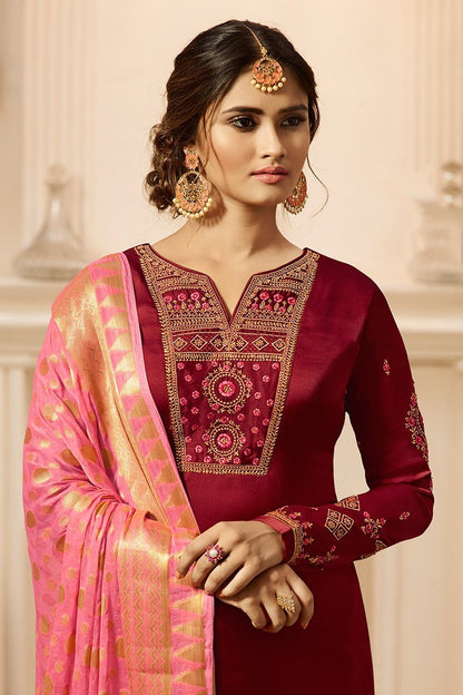 Maroon and Pink Satin Georgette Suit with Palazzo