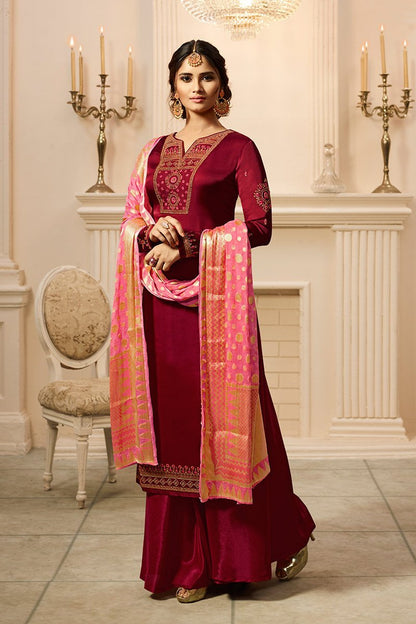 Maroon and Pink Satin Georgette Suit with Palazzo