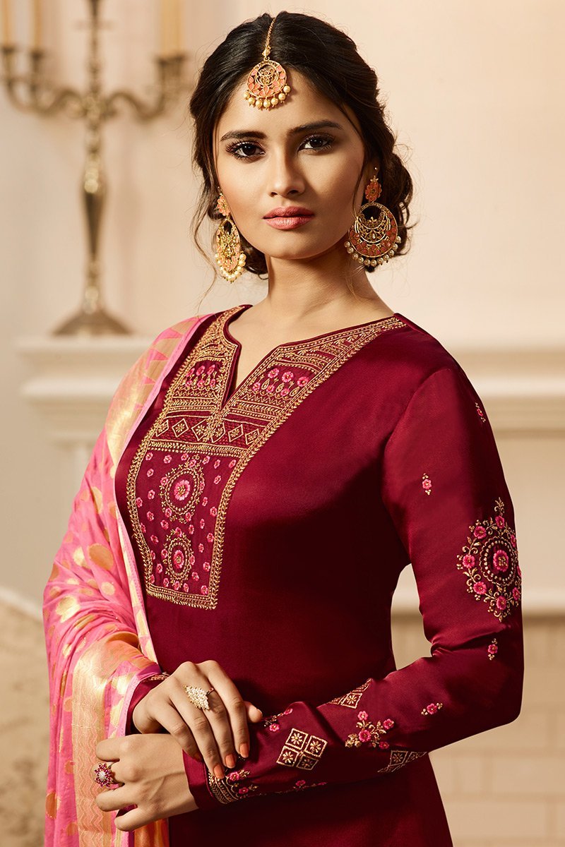 Maroon and Pink Satin Georgette Suit with Palazzo