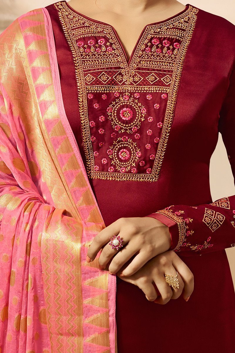 Maroon and Pink Satin Georgette Suit with Palazzo