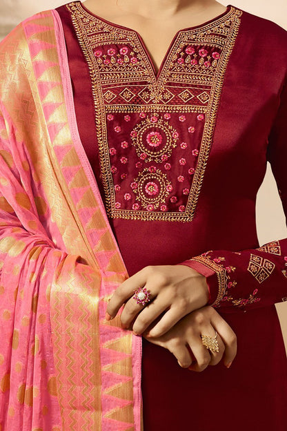 Maroon and Pink Satin Georgette Suit with Palazzo