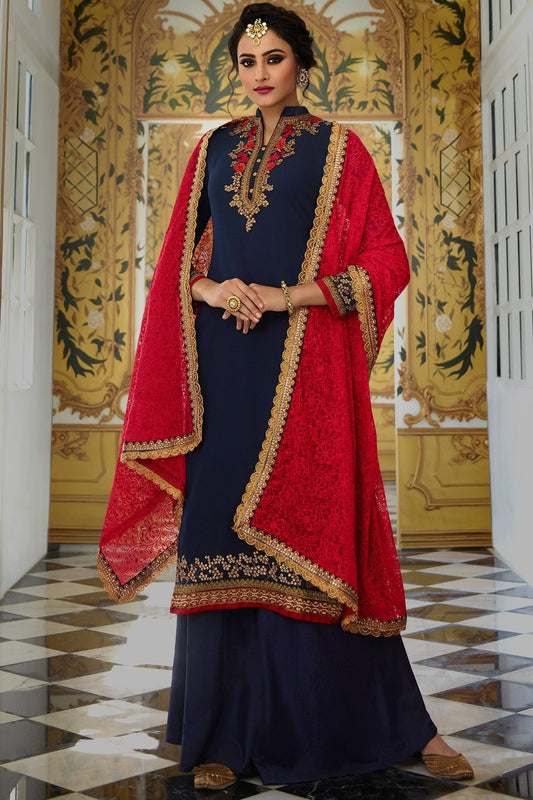 Berry Blue Georgette Party Wear Palazzo Suit