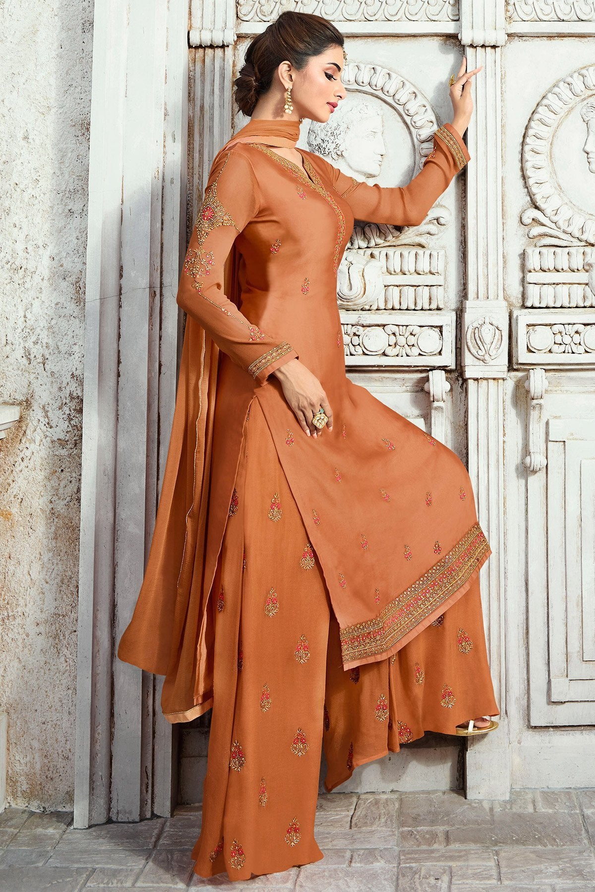 Fabulous Copper Brown party wear Palazzo suit