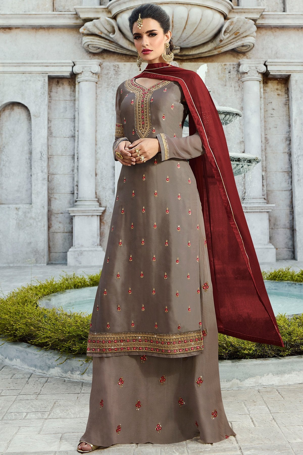 Fabulous Gray and Brown party wear Palazzo suit