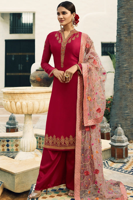 Magenta Satin Georgette Partywear Palazzo Suit